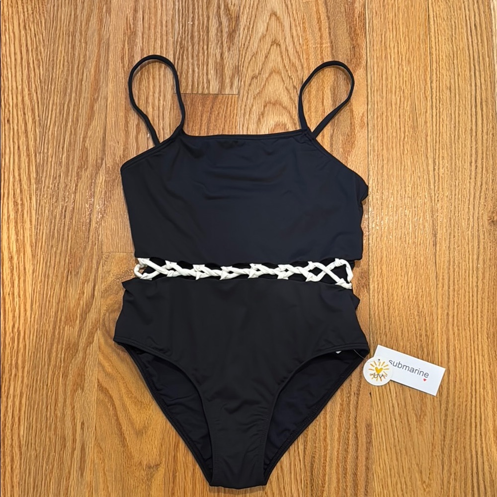 GIRLS size 12 Submarine Black & White One Piece Swimsuit with Braided Detail NWT